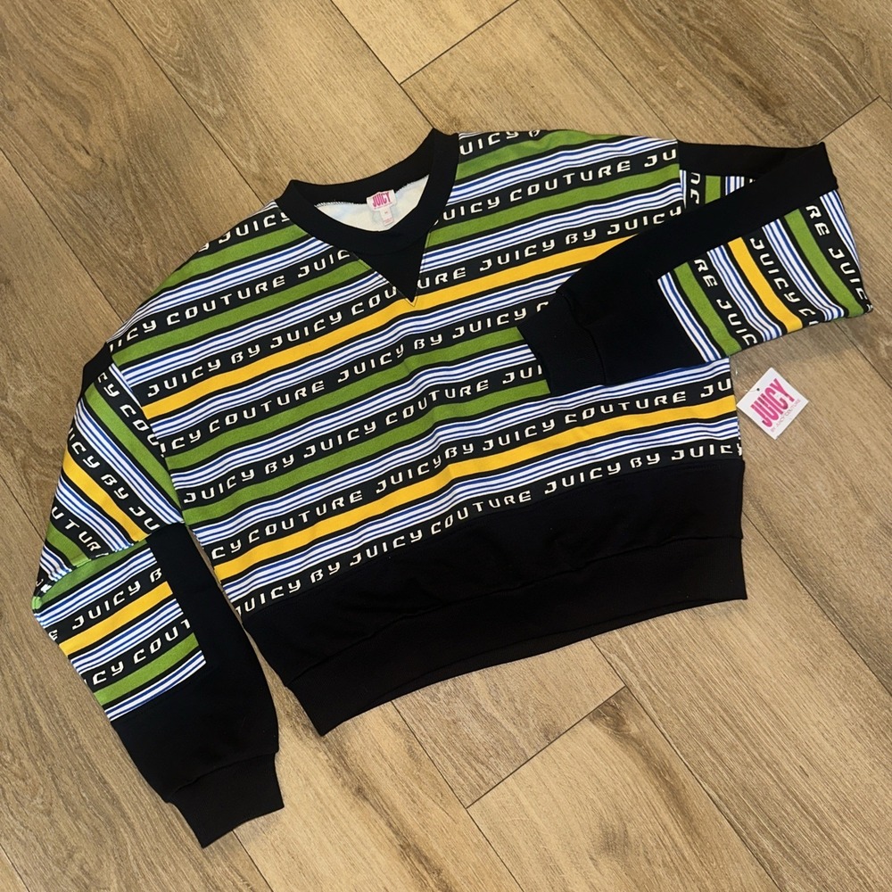 VTG JUICY COUTURE Women's Racer Stripe Logo Terry Sweatshirt Cropped Y2K‎ NWT